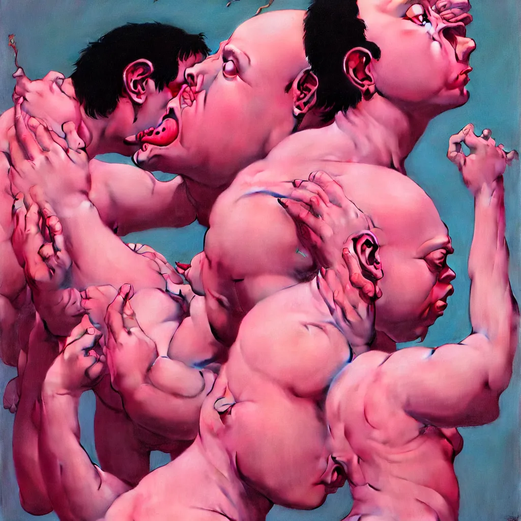 Image similar to weird and disturbing portrait of scared todd solondz kissing himself, full body, thong, wide open eyes. vivid colors, neon, art by ( ( ( kuvshinov ilya ) ) ) and wayne barlowe and francis bacon and artgerm and wlop and william - adolphe bouguereau