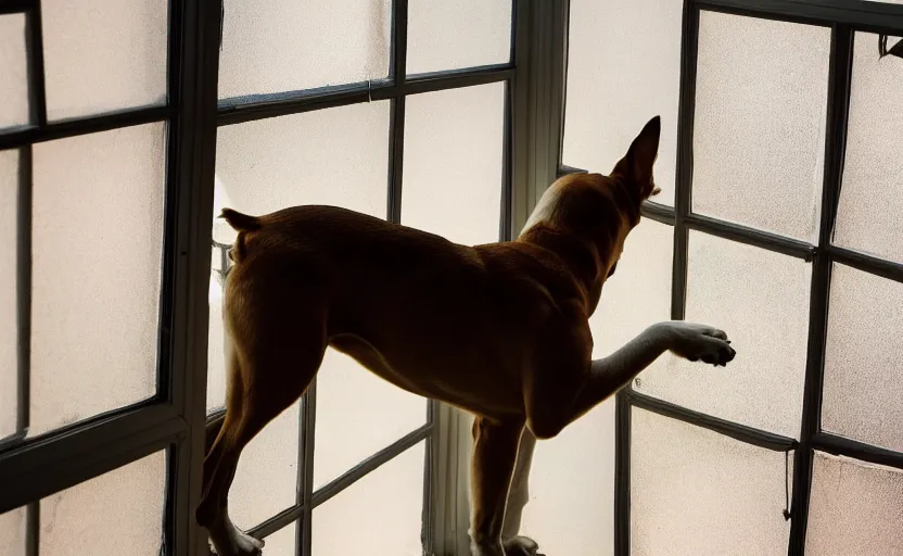 Prompt: a dog is looking out of a window, beautiful lighting, 8 k