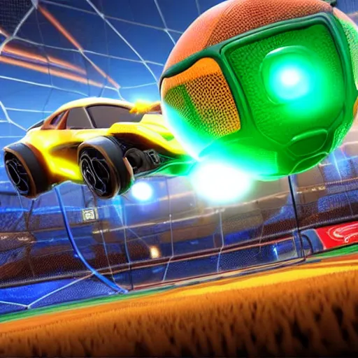 Image similar to rocket league, car soccer, boom, goal, demo, explosion, action shot, lens flares, rim light, raytracing, glow, haze, hyper - realistic, micro details, octane render, unreal engine, cinematic shot