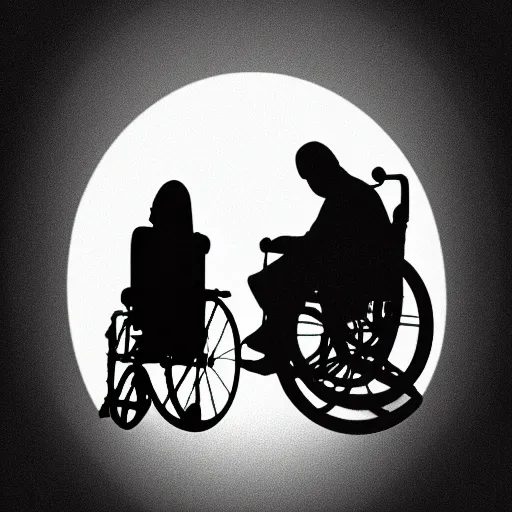 Image similar to sillouette of robert wyatt in a wheelchair flying against the moon at night,