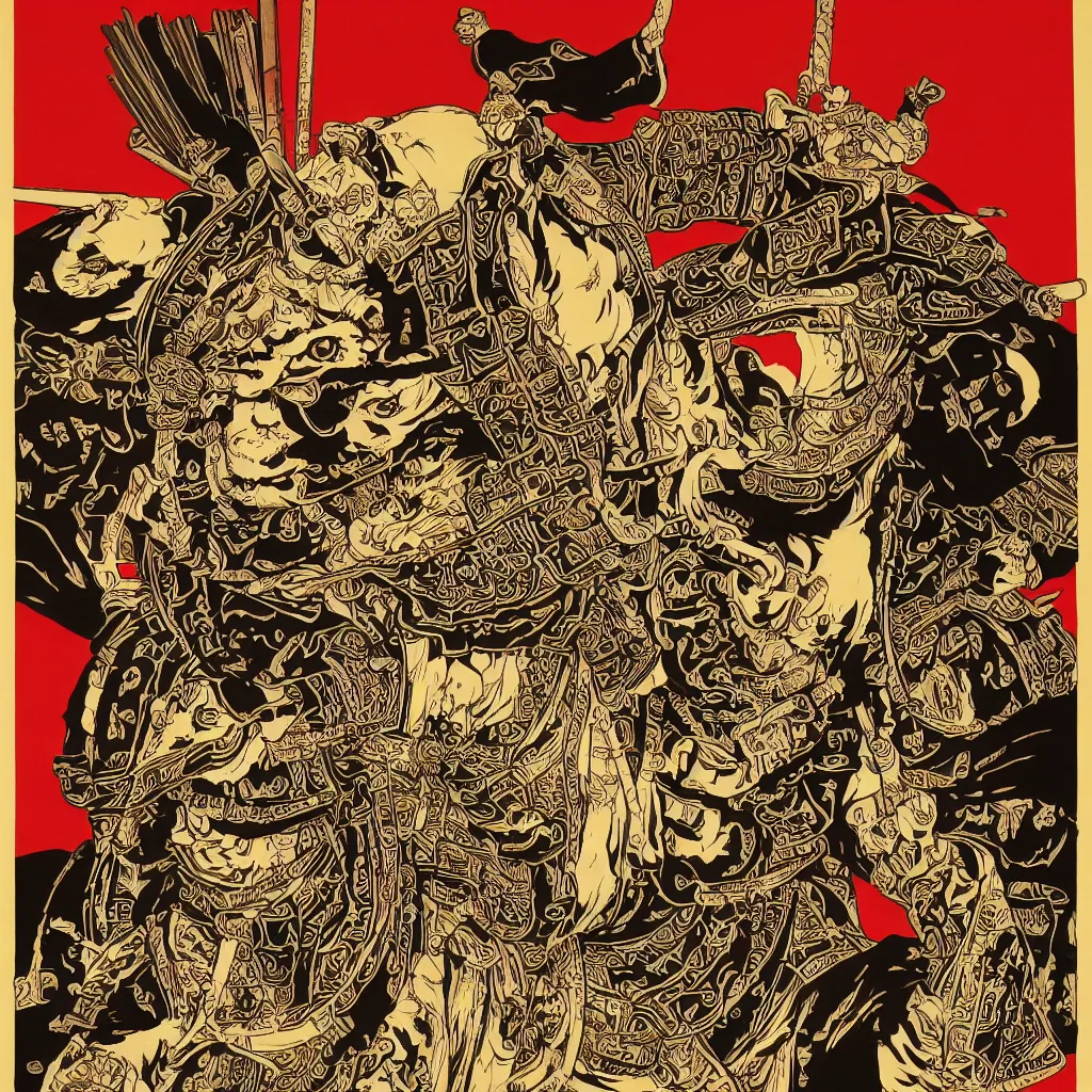 Prompt: an epic detailed political poster of a Japanese samurai in a temple, with Japanese text, high quality, intricate, detailed, 4k, by Shepard Fairey