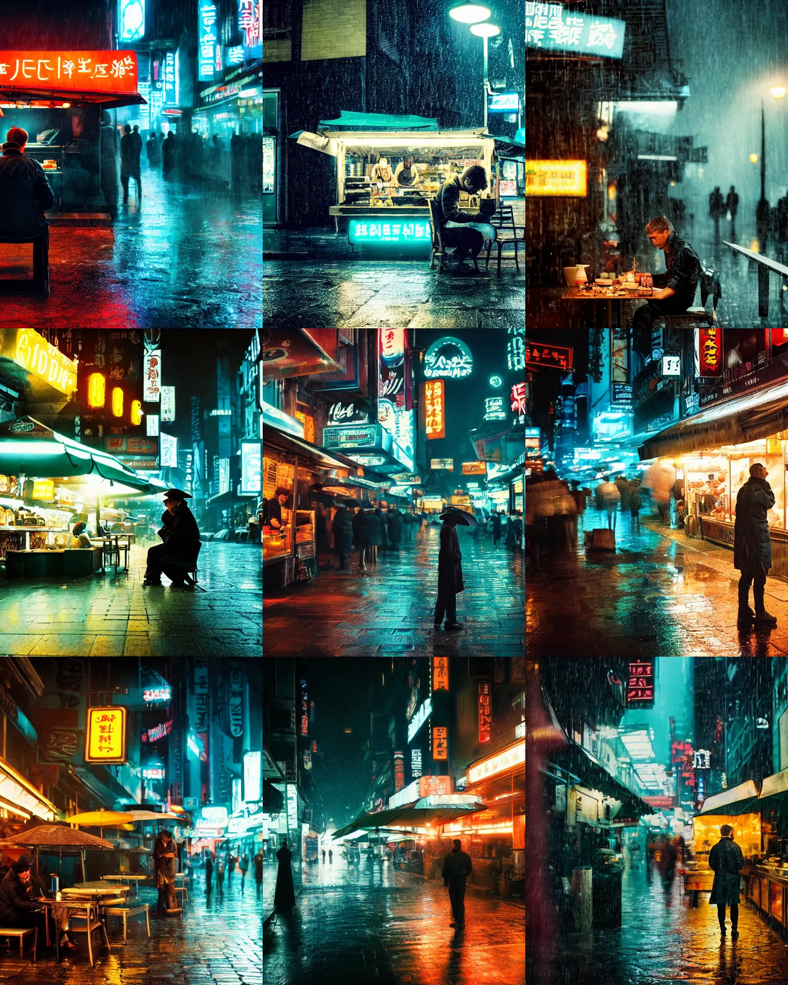 Prompt: blade runner movie still of a customer sitting at an outdoor noodle stand, iconic scene, rack focus, close establishing shot, rainy night, monochromatic teal, dark teal lighting, steamy, desaturated colors, soft dramatic lighting, 4 k digital camera