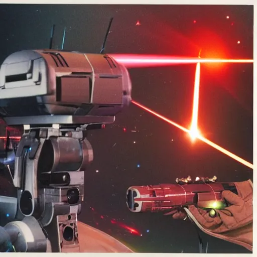 Image similar to a close up instructional well lit photograph of a sci for spaceship battle command showing off various laser blasters and sound cannons to an alien Kodachrome