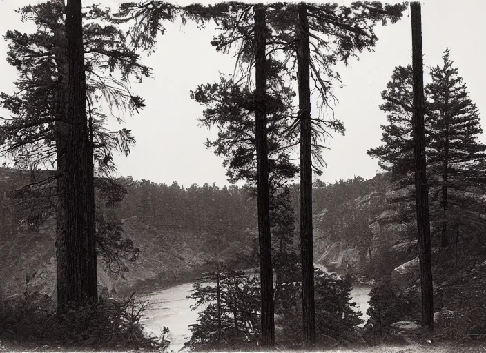 Image similar to Overlook of a river and dry bluffs covered in pine trees, albumen silver print by Timothy H. O'Sullivan.