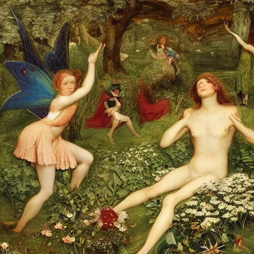 Prompt: fairy meadow by Richard Dadd, British fairy painting, exquisite, highly detailed, Henry Fuseli, William Blake