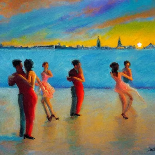 Image similar to impressionist painting of salsa dancers near the seine at sunset