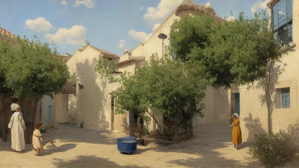 Prompt: a beautiful extremely complex painting of a street in a mediterranean village in summer by peter ilsted, whitewashed housed, tall cypress trees, blue shutters on windows, elderly woman sweeping the ground with a broom, national gallery of art highlights