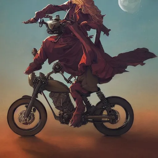 Image similar to bunny wearing a leather jacket riding a motorbike during sakura season on a blood moon, by peter mohrbacher, james jean, wlop, greg rutkowski, rule of thirds, dynamic pose, action pose, beautiful landscape