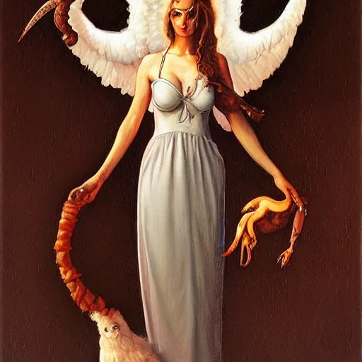 Prompt: portrait of a angelic woman and her demonic pet, by Gerald Brom