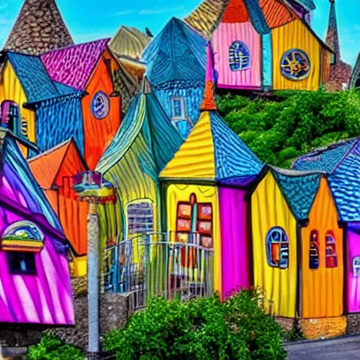 Prompt: a phantasy village with colorful buildings designed by Tim Burton