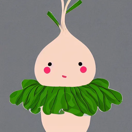 Image similar to an illustration of a baby daikon radish in a tutu walking a dog