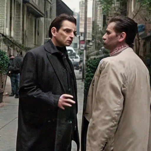 Image similar to scene from david chase's hbo miniseries / the outfit /, a supernatural mafia crime thriller about magical monster - hunting mafiosi in 9 0 s philadelphia. in this scene the main character talks to a vampire. realistic hd 8 k film photography, hdr magic vfx.