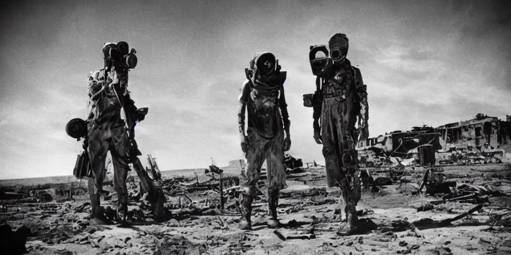 Image similar to portrait of irradiated post apocalyptic nuclear wasteland 1950s future black and white award winning photo highly detailed Arriflex 35 II, lighting by stanley kubrick