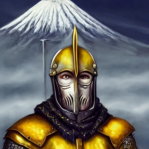 Image similar to realistic portrait of a pale yellow knight in front of mount kilimanjaro, gothic style, festive colors, digital art, trending on artstation, high quality, extreme detail, high quality, hyperdetailed