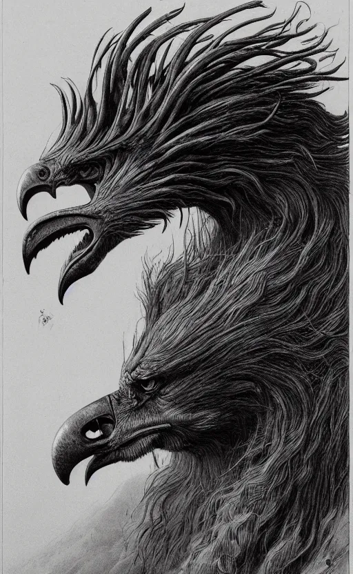 Image similar to a creature with the body and eyes of a man, with the beak of an eagle, the mane of a lion, and the horn of a bull. drawn by moebius and zdzislaw beksinski