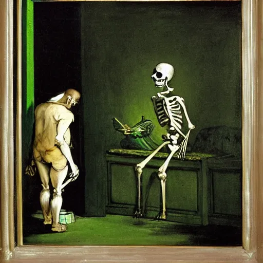 Image similar to a skeleton scanning groceries behind the cash register at Safeway while wearing a green apron, by Francisco Goya, Arnold Bocklin, chiaroscuro