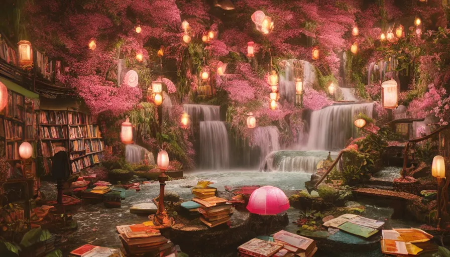 Image similar to a Wes Anderson 35mm film still of a very surreal magical bookstore with a beautiful waterfall inside, apothecary, botanical garden, falling cherry blossoms pedals, in the style of Gucci, glowing lights and floating lanterns, foggy atmosphere, rainy, moody, muted colors, magic details, very detailed, 8k, cinematic look, octane render, psychedelic,