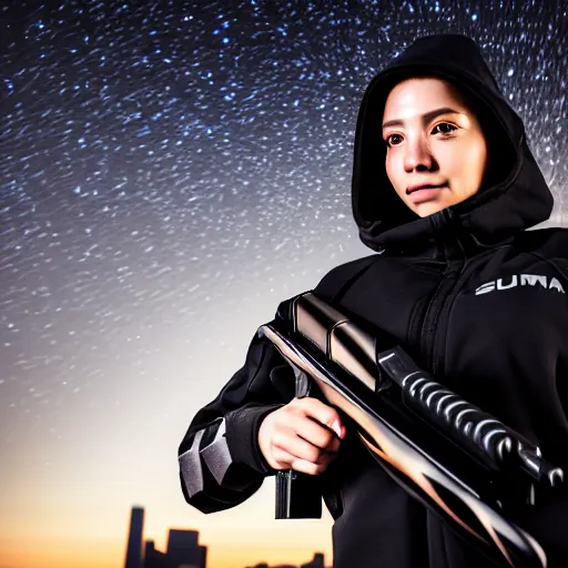 Image similar to photographic portrait of a techwear woman holding a shotgun, closeup, on the rooftop of a futuristic city at night, sigma 85mm f/1.4, 4k, depth of field, high resolution, 4k, 8k, hd, full color