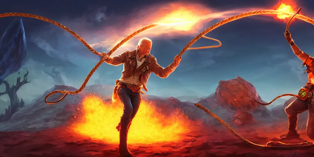 Image similar to joe biden as a cowboy wielding a bullwhip, in front of an erupting crater, league of legends champion splash art, by dang my linh, dynamic lighting