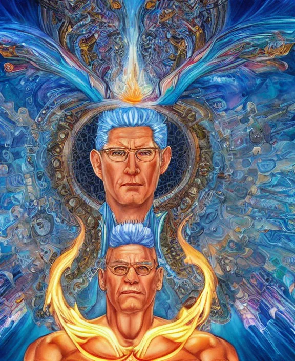 Image similar to symmetry, hank hill wearing a white tshirt, the god of propane's blue flames, blue fire, art by mike judge, art by josephine wall, art by amanda sage, art by huang guangjian, art by viktoria gavrilenko, trending on artstation,