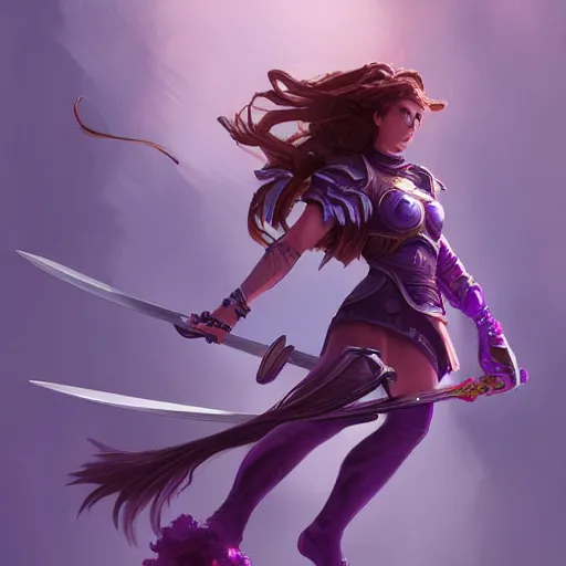 Prompt: beautiful female warrior with long purple hair and sword leaping through the air, highly detailed, trending on artstation, stylized, by WLOP