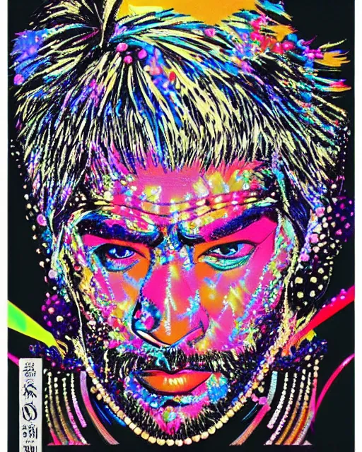 Prompt: flamboyant bling rhinestones & lame hardman ronin samurai grizzled unshaven Toshiro Mifune fullwide angle warrior stance, Swarovski dot pointillist oilpastels black paper, detailed art graphic art poster by Felipe Pantone