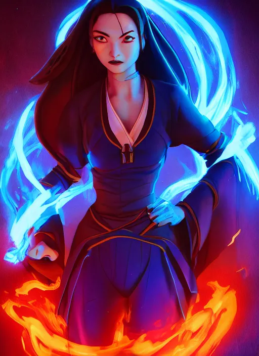 Image similar to azula from avatar the last airbender posing, blue flames, dark atmosphere, cinematic shot, intricate, ornate, photorealistic, movie poster, ultra detailed, realistic, 1 0 0 mm, photography, octane, high definition, depth of field, realism, 8 k, artstation