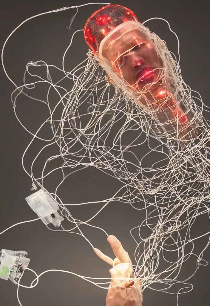 Prompt: a man who's head is wired to the jellyfish with tons of small wires and leds