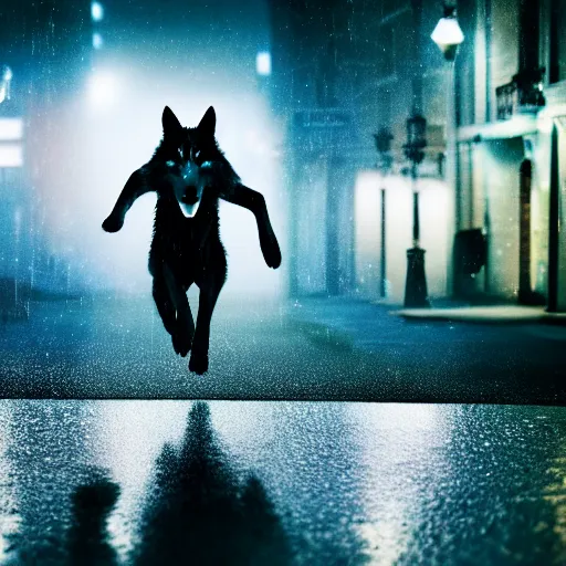 Image similar to an anthropomorphic male wolf running in the streets, night, rain, cinematic, photograph, volumetric lighting, f 8 aperture, cinematic eastman 5 3 8 4 film, photorealistic