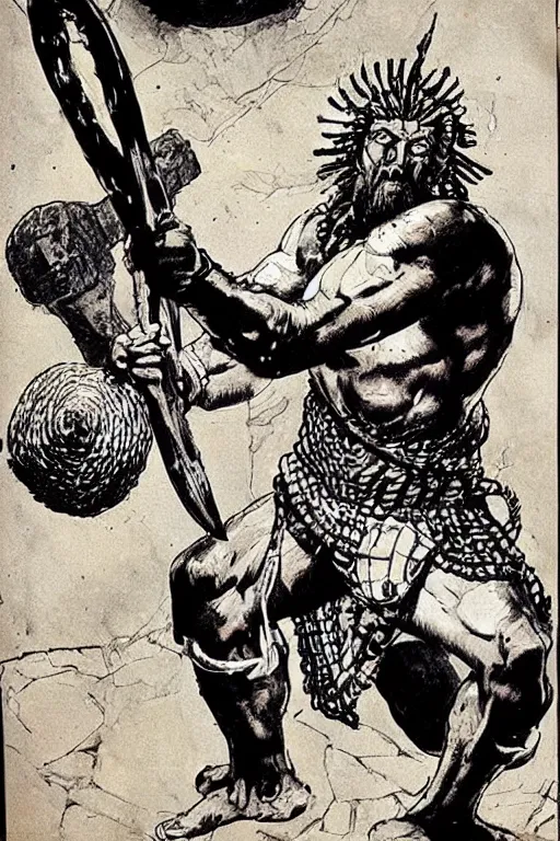 Image similar to ancient historically accurate depiction of the Bible Character Goliath of Gath, the Philistine warrior giant by frank miller