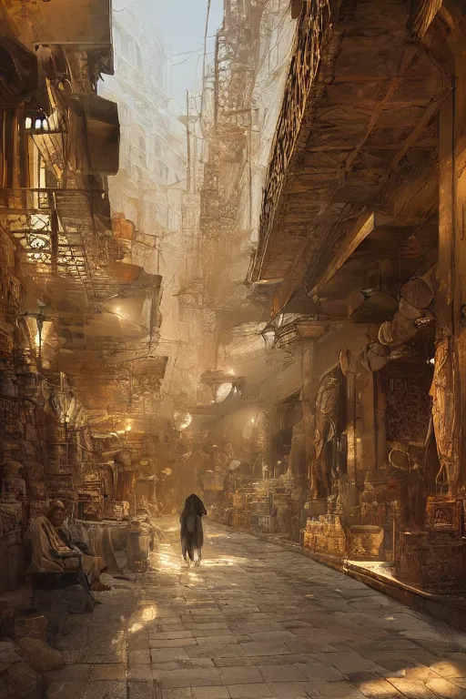 Image similar to the streets of old Cairo at the time of the pharaohs, intricate, elegant, volumetric lighting, digital painting, highly detailed, artstation, sharp focus, illustration, concept art, ruan jia, steve mccurry