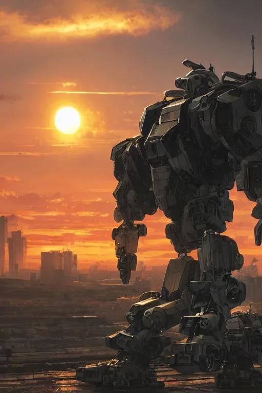 Image similar to A realistic photo of a huge Mechwarrior, a sunset in the distance, by Josan Gonzalez, Yoji Shinkawa and Geof Darrow, highly detailed, Unreal Engine Render, 3D, 8k wallpaper, uplight