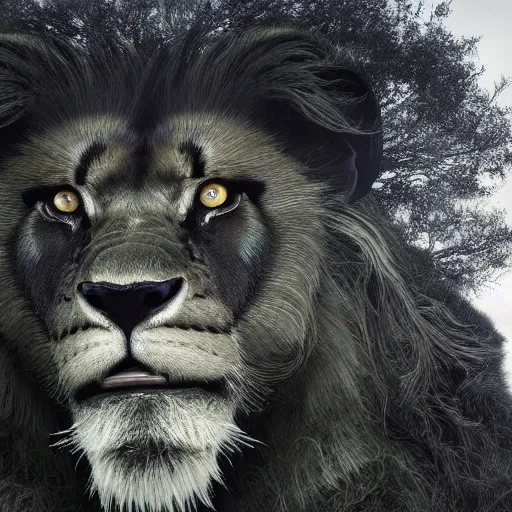 Prompt: epic photography of black lion with gold lightnings in the fur surrounded by ancient trees, colossal scale, photorealistic, high details, intricate by Nick Nichols and Evgeniy Antonenkov