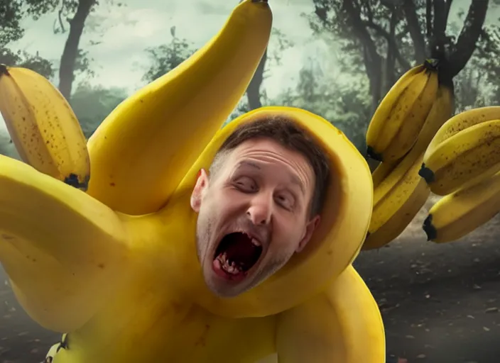 Prompt: man freaks out as he turns into a banana. Highly detailed. 8k. Fantasy horror.