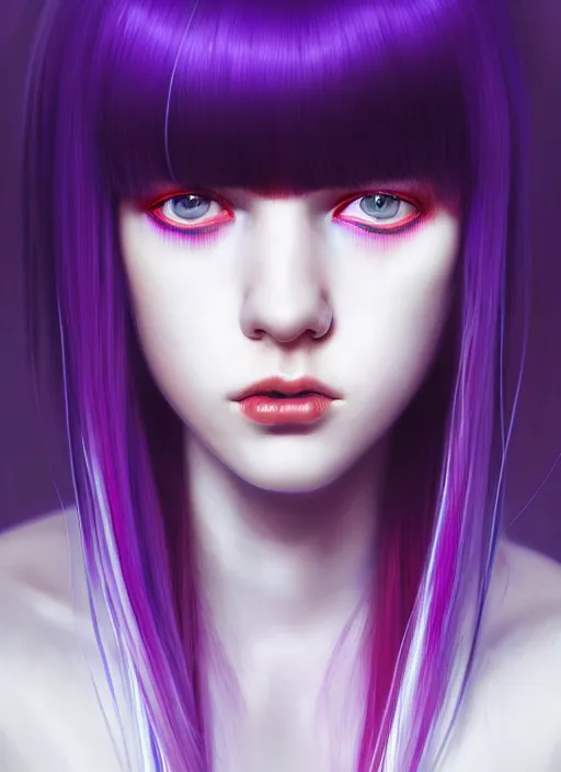 Image similar to hair whitebangs hair, black hair, whitebangs, portrait of teenage girl with white bangs, red irises, purple clothes, white bangs, bangs are different color from hair, intricate, elegant, glowing lights, highly detailed, digital painting, artstation, concept art, smooth, sharp focus, illustration, art by wlop, mars ravelo and greg rutkowski