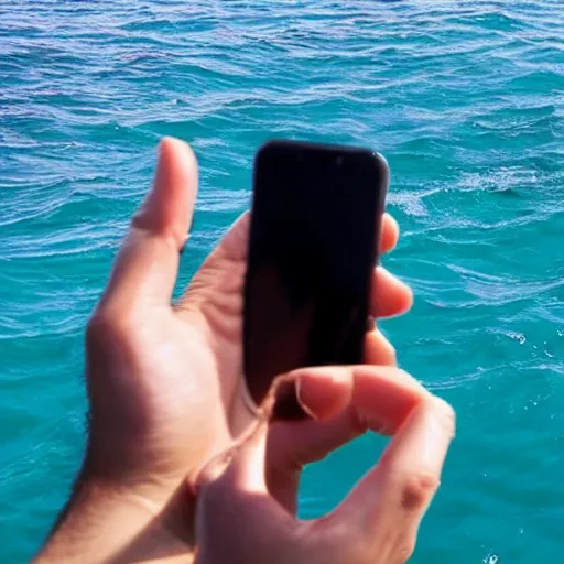 Prompt: hand holding a phone asks for help in the middle of the sea drowning