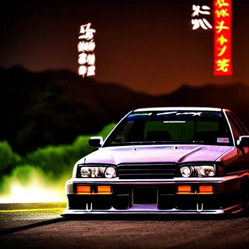 Image similar to a car JZX100 turbo drift at illegal car meet, Gunma prefecture, midnight mist lights, cinematic color, photorealistic, highly detailed wheels, highly detailed