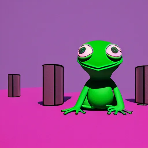 Image similar to isometric minimalistic precisionist backroom with pepe the frog and trashcans, cinema 4 d, 1 0 0 0 0 mm, green and pink color scheme depth of field, octane render, studio lighting