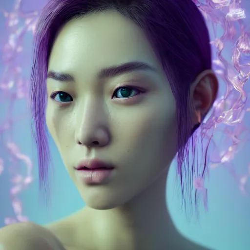 Image similar to intricate highly detailed face portrait of asian - european woman, light purple and mint water vines on her face, intricate, cgsociety, unreal engine, octane render, sharp focus, smooth, volumetric lighting, cinematic composition, artstation