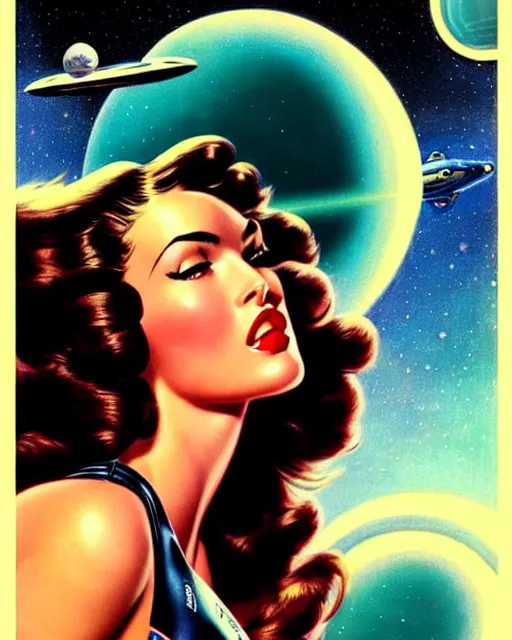 Image similar to closeup beautiful retro space megan fox varga girl, posing on a chrome space ship in diesel punk city, windblown dark hair, retro pinup model, seductive, 1 9 4 0, hyper detailed, digital art, smooth, sharp focus, gil elvgren,