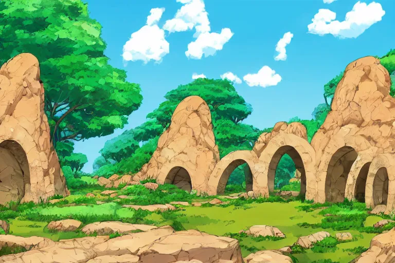 Image similar to natural stone arches with bushes, sunny day, long shot, digital art, in the style of studio ghibli, vivid colors, highly detailed, 8 k, establishing shot, smooth, trending on artstation, illustration, flat colors