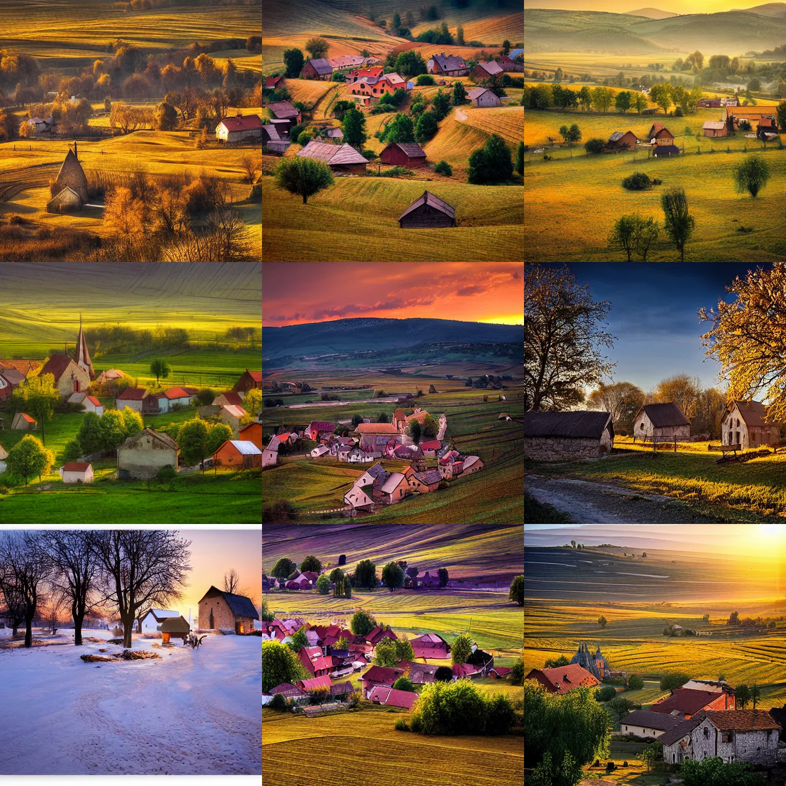 Prompt: a small hungarian village, golden hours, award winning photo by ian david soar