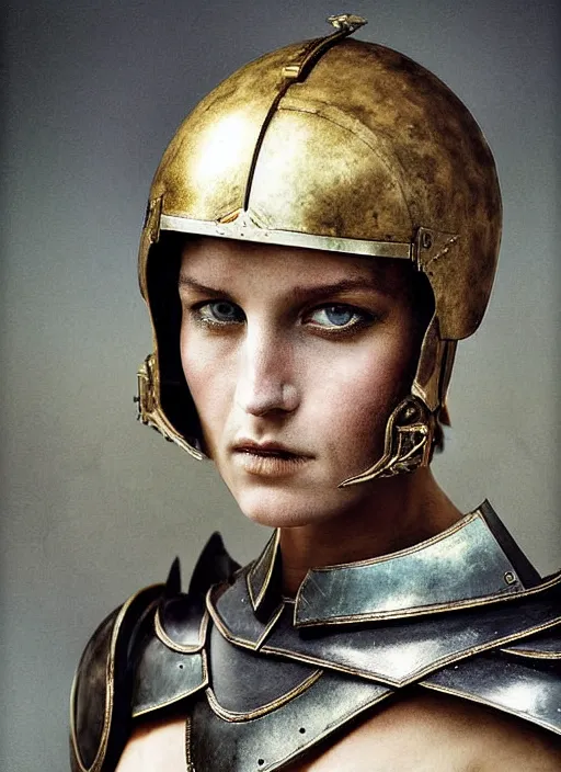 Prompt: portrait of female roman gladiator with helmet and armor, color photograph by paolo roversi