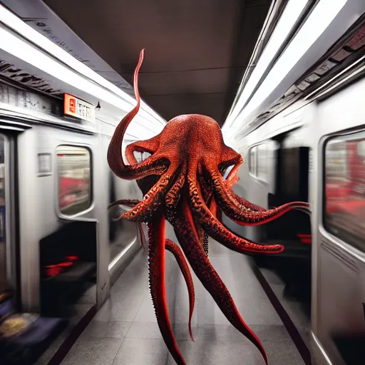 Prompt: a photo of a giant octopus mindflayer invading a interior of a subway train in new york, cinematic lighting