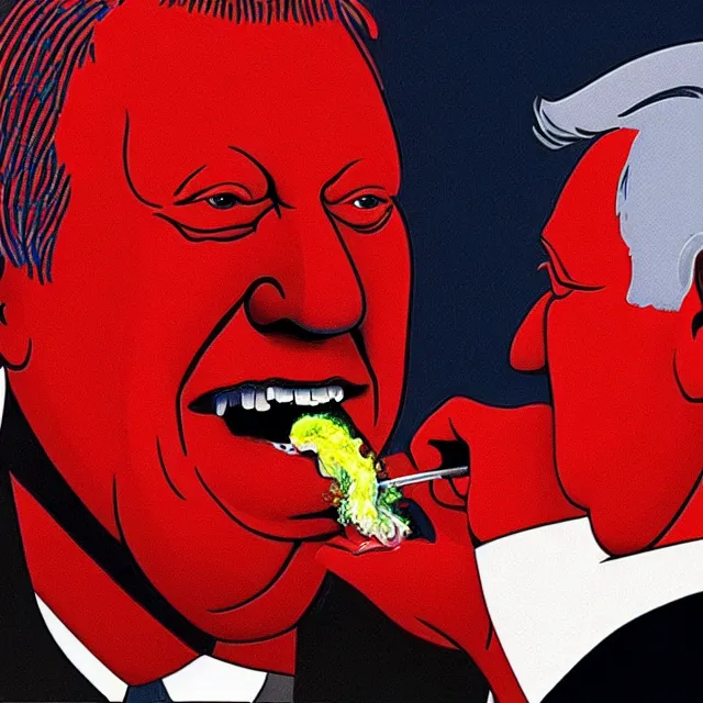 Image similar to president boris yeltsin pours red - hot lead into the mouth of a sinner in hell, infernal art in color