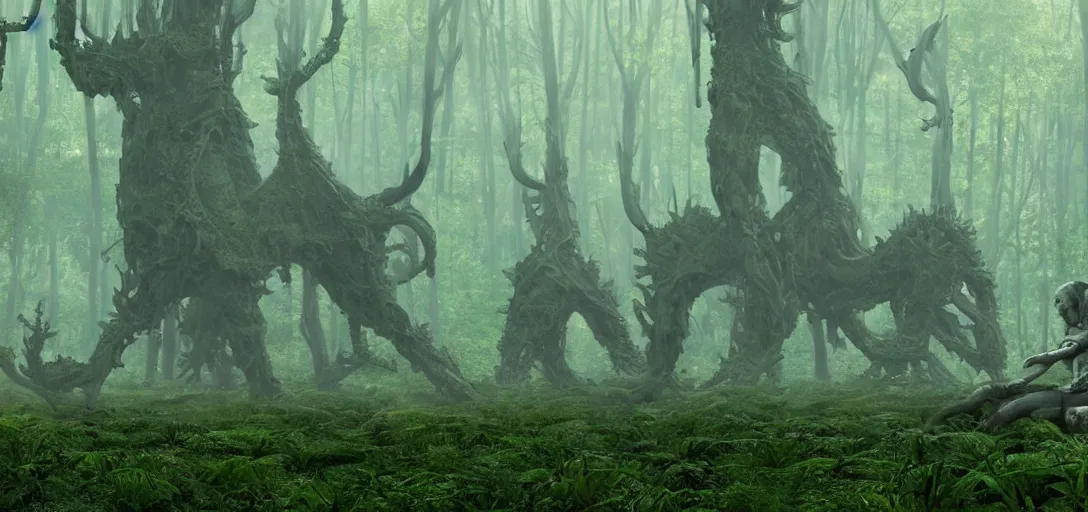 Image similar to a complex organic fractal 3 d metallic symbiotic ceramic humanoid megastructure creature in a swampy lush forest, foggy, sun rays, cinematic shot, photo still from movie by denis villeneuve, wayne barlowe