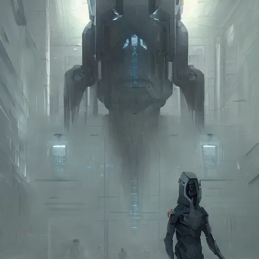 Image similar to concept art by greg rutkowski, a very tall and slender cyborg, standing in front of a large rectangular looking space, high tech and futuristic white walled environment, unnatural lighting, uncanny atmosphere, frightening and creepy atmosphere, scifi, highly detailed portrait, digital painting, artstation, concept art, smooth, sharp foccus ilustration, artstation hq