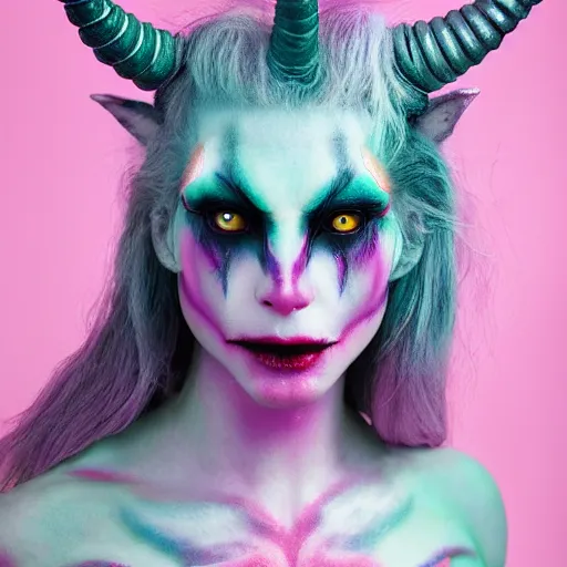 Image similar to a demon inspired by unicorns created by the make up artist hungry, photographed by andrew thomas huang, cinematic, expensive visual effects