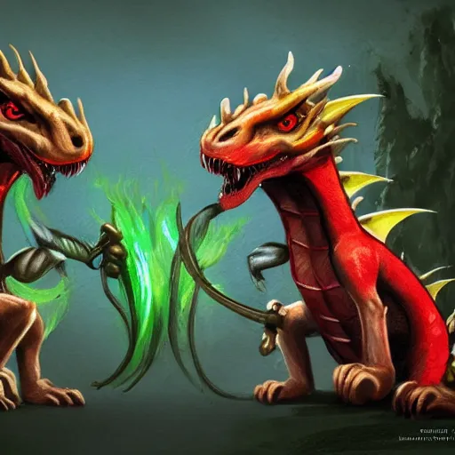 Prompt: two dragons wearing green bandanas, eating bananas, 4 k, concept art