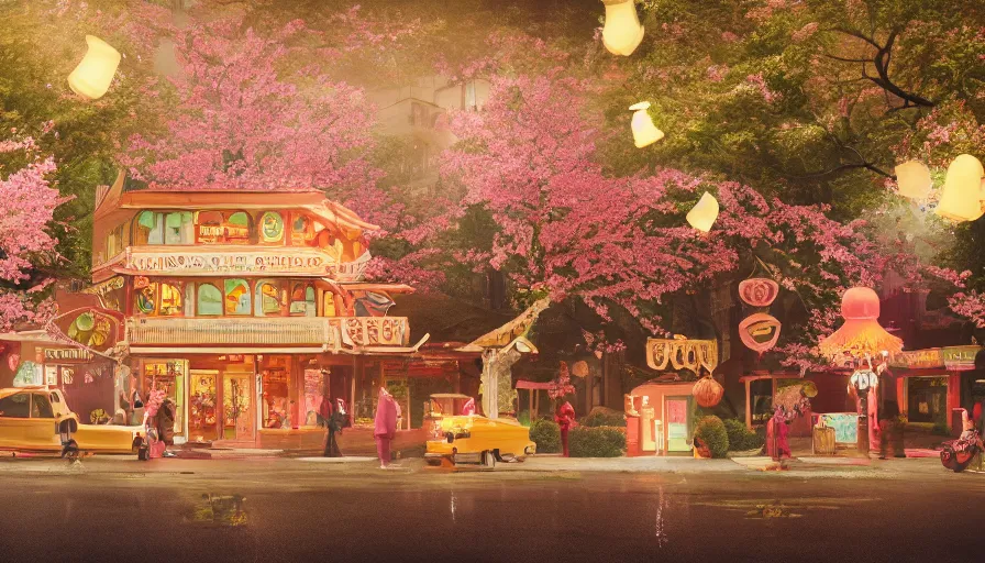 Prompt: a Wes Anderson 35mm film still of a very surreal magic treehouse cafe, golden hour, falling cherry blossom pedals, in the style of Gucci, glowing warm lights and floating lanterns, foggy atmosphere, rainy, moody, muted colors, magic details, very detailed, 8k, cinematic look, octane render, psychedelic,